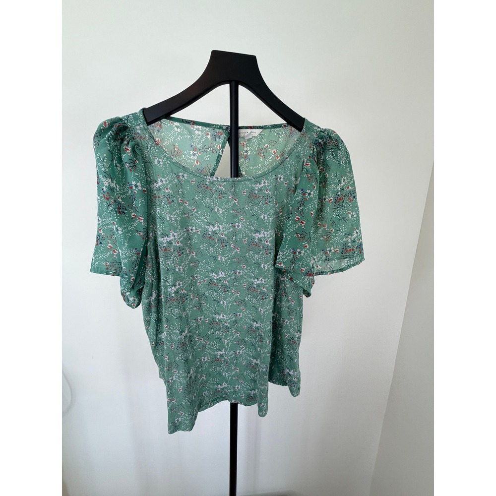 Lucky Brand Green Floral Mixed Media Puff Sleeve Keyhole Top 7WP6533 M